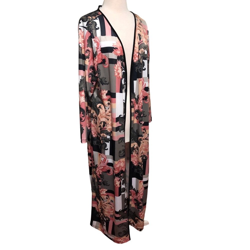 Ashley Stewart Pink Black Floral Print Duster